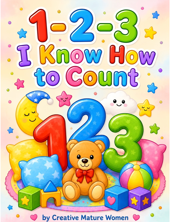 A colorful children's counting book cover titled '1-2-3 I Know How to Count' with playful numbers, stars, a teddy bear, pillows, and toys on a pastel background. The text 'by Creative Mature Women' appears at the bottom.