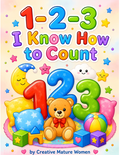 A colorful children's counting book cover titled '1-2-3 I Know How to Count' with playful numbers, stars, a teddy bear, pillows, and toys on a pastel background. The text 'by Creative Mature Women' appears at the bottom.
