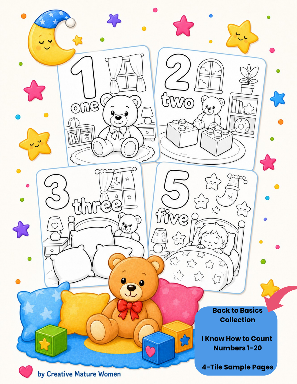 A colorful educational counting sheet set featuring four sample pages with numbers one through five, each showing a teddy bear in a bedroom scene. The pages are outlined in black and white, surrounded by playful illustrations of stars, a moon, and confetti.