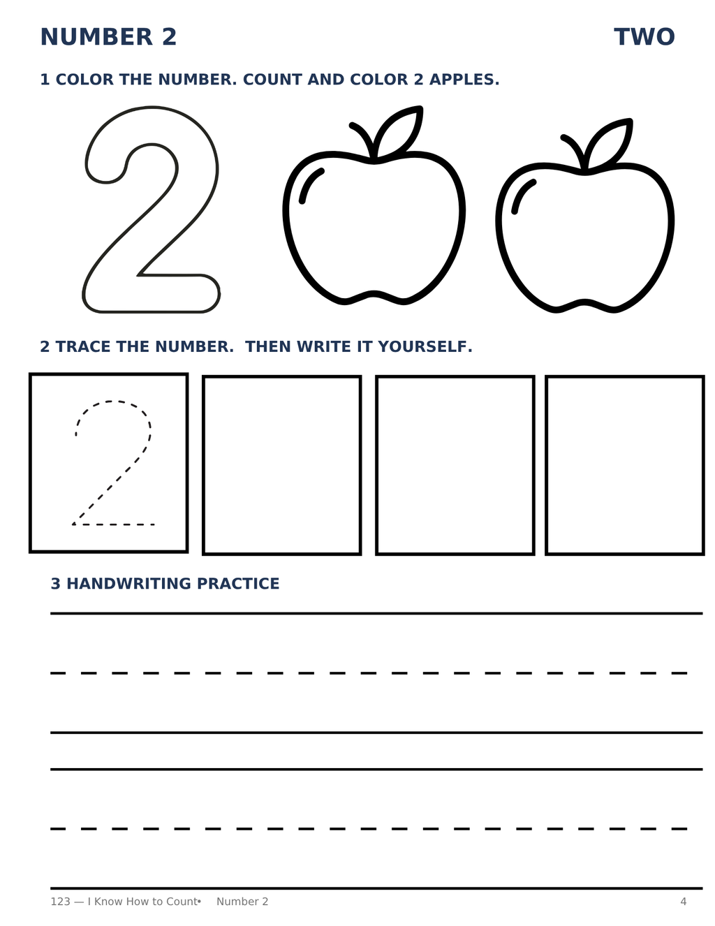 Number 2 Activity page 2 apples large number 2 to color trace the number handwriting practice section