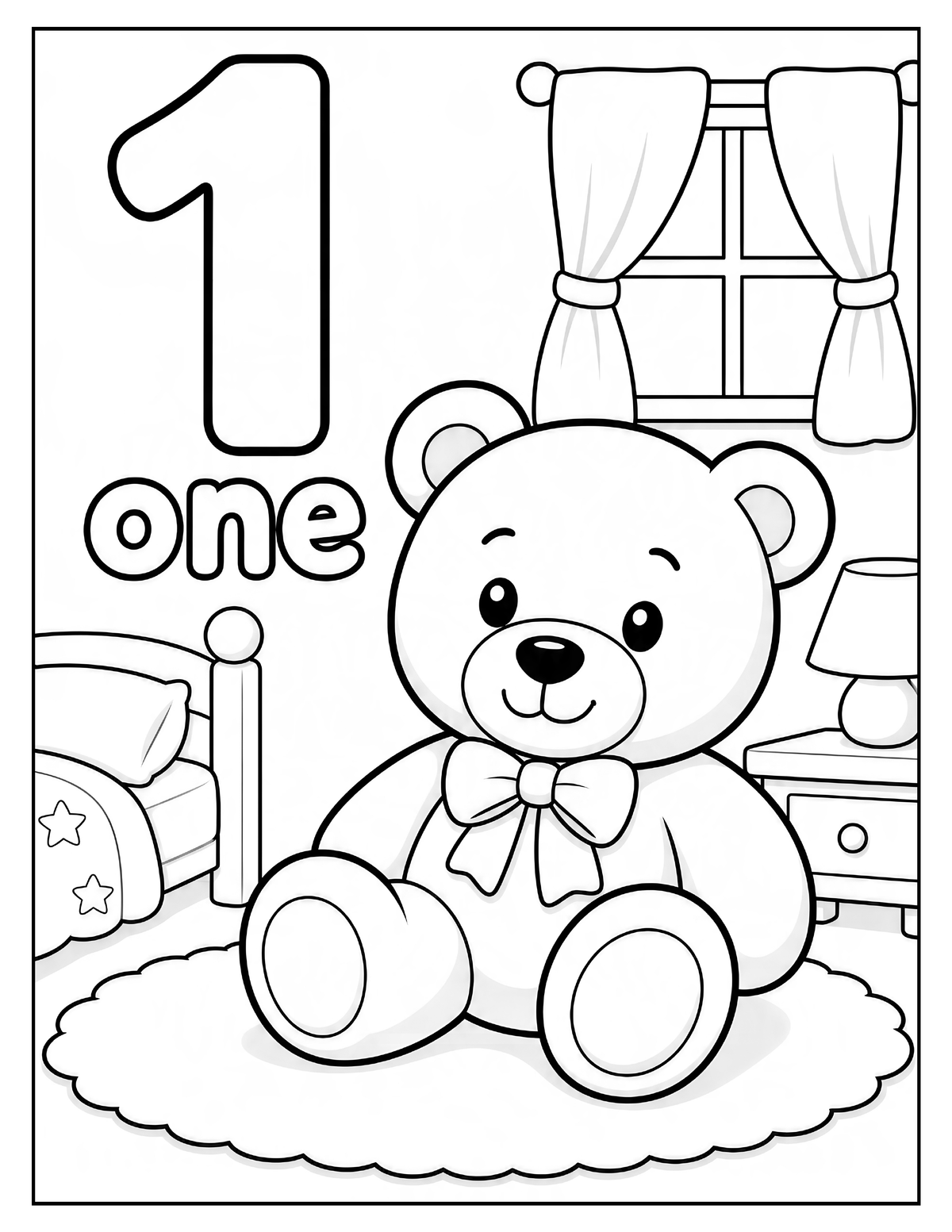 Black and white coloring page featuring a teddy bear in a bedroom with the text '1 one' and 'one'.