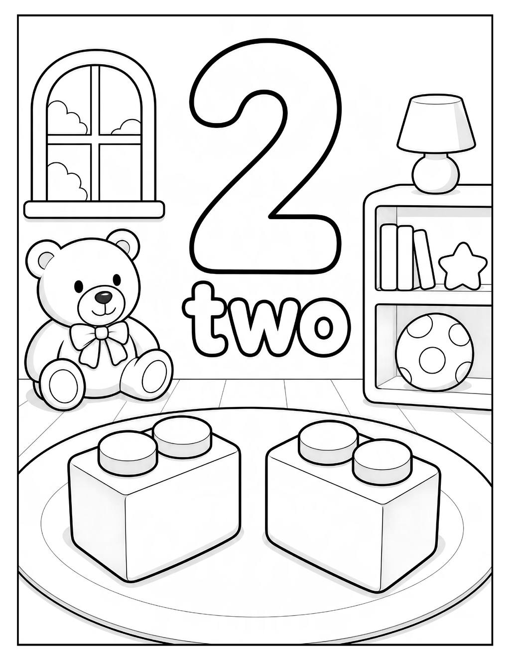 Black and white coloring page for children featuring the number 2 and the word 'two', with a teddy bear, window, bookshelf, lamp, and two toy blocks on a plate.