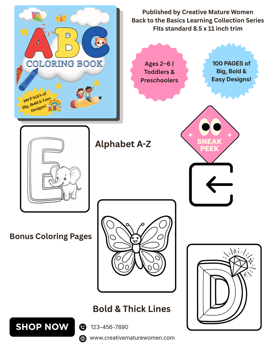 Promotional graphic for a children's coloring book collection, showing the cover of an ABC Coloring Book, feature callouts, sample coloring pages with letters and a butterfly, a sneak peek sticker, and a shopping contact block on a white background.