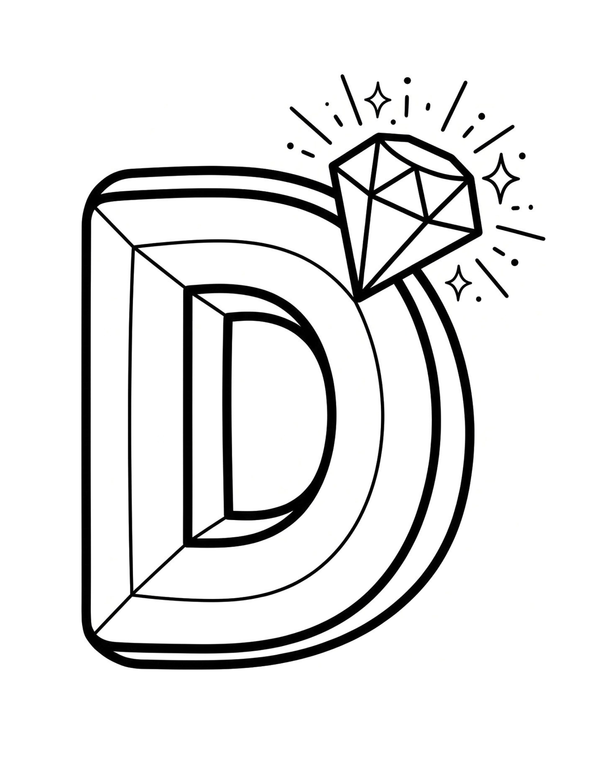 A black and white printable worksheet large letter "D" with a diamond.