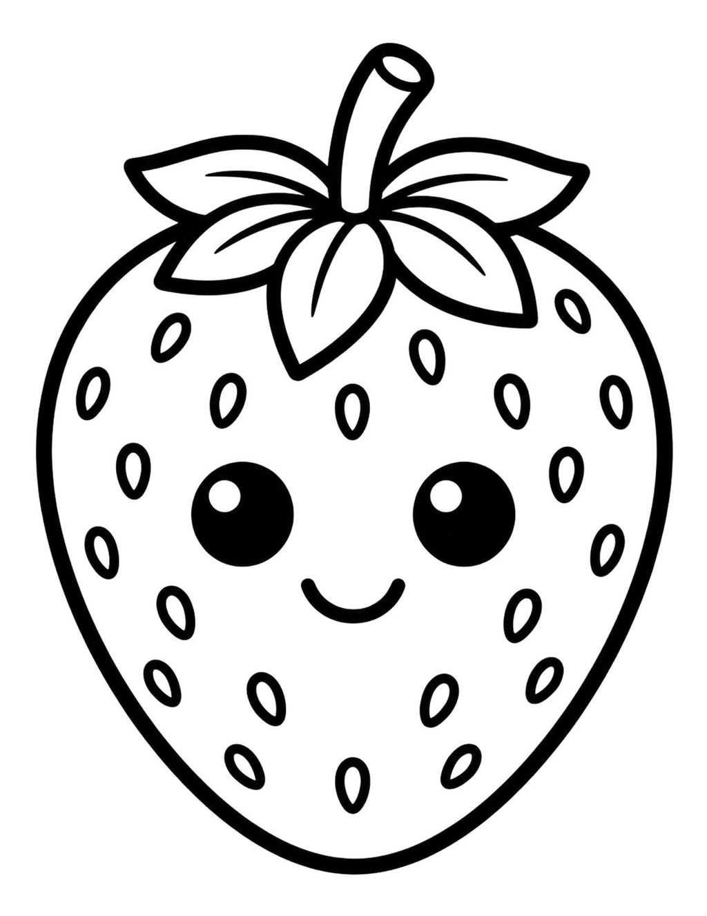 Black and white cartoon strawberry illustration with a smiling face and leafy top on a plain white background.