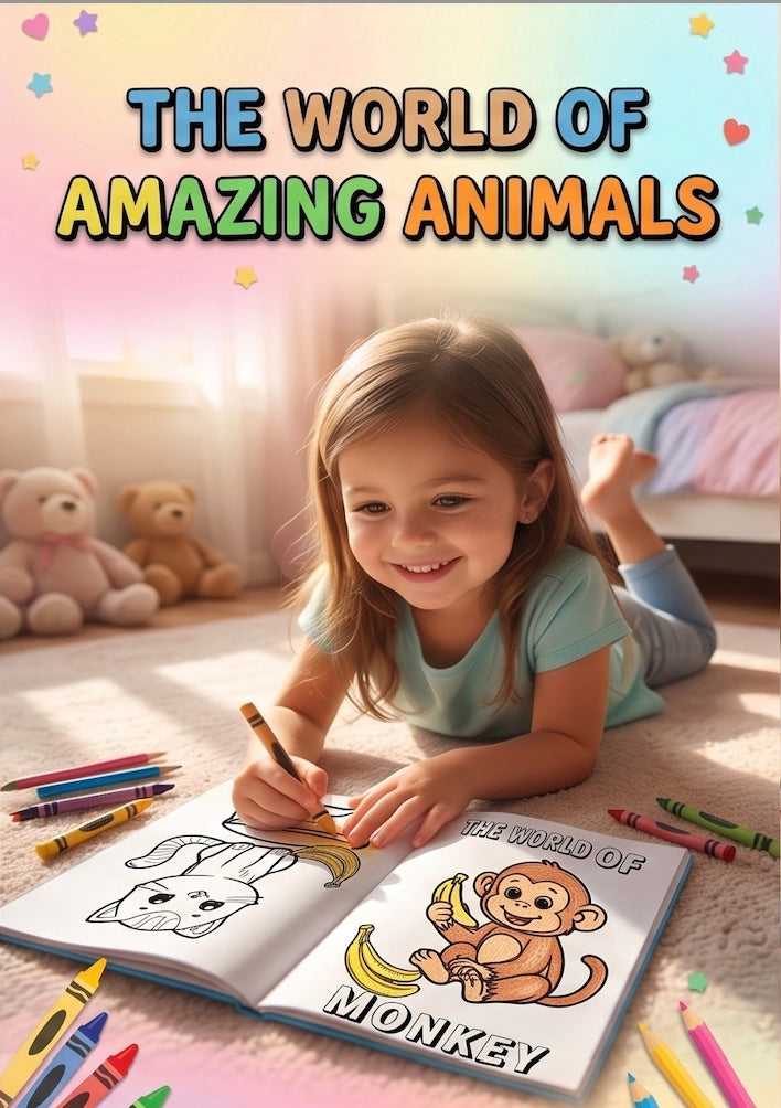 A young girl lies on a carpeted floor in a brightly lit room, coloring in a children's book titled 'The World of Amazing Animals' with a monkey illustration. Color crayons are scattered around her, and teddy bears sit in the background.