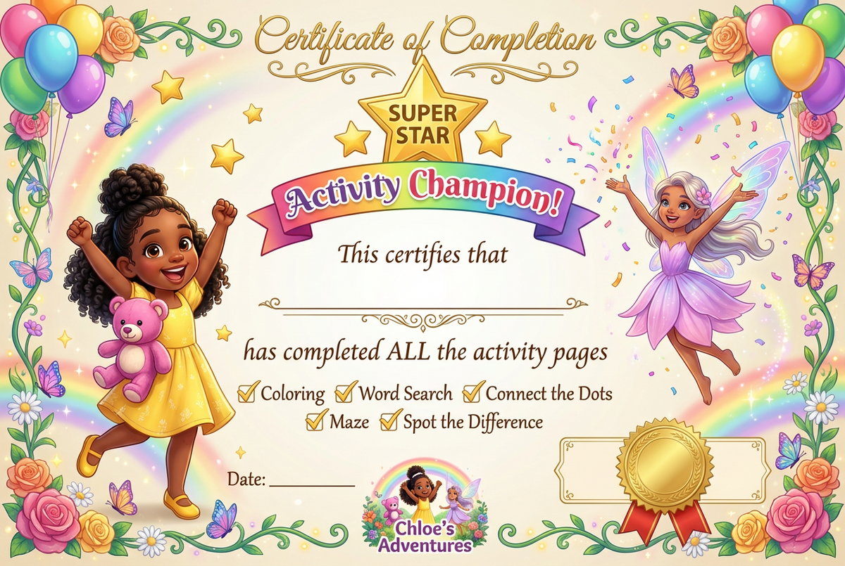 A colorful children's activity completion certificate template with a rainbow, balloons, flowers, fairy, and cartoon girl illustration. The certificate reads 'Certificate of Completion' and 'Activity Champion' with a gold seal and the brand name 'Chloe's Adventures' at the bottom.
