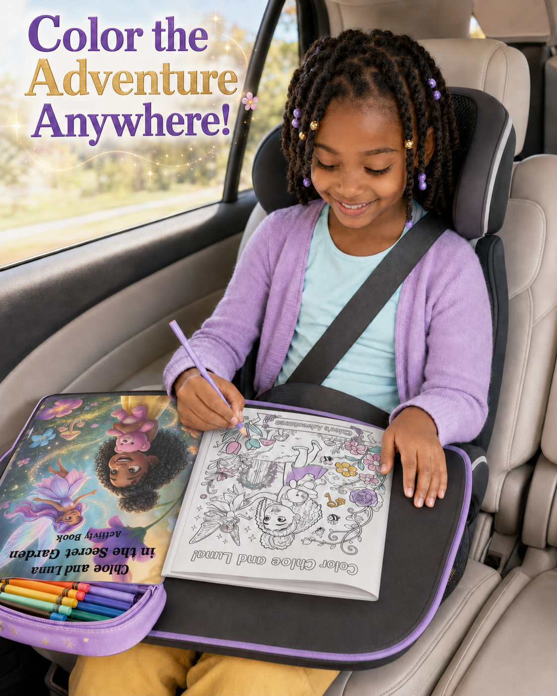 A young girl with braided hair sits in a car seat, coloring on a lap desk pad. She wears a lavender cardigan over a light blue shirt.