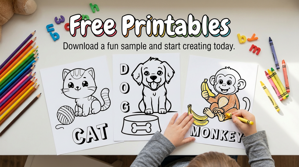 Three printable coloring pages showing a cat, a dog, and a monkey, displayed on a white table with colored pencils and crayons. A child's hands are visible coloring the monkey page, with a 'Free Printable's banner at the top.