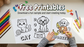 Three printable coloring pages showing a cat, a dog, and a monkey, displayed on a white table with colored pencils and crayons. A child's hands are visible coloring the monkey page, with a 'Free Printable's banner at the top.