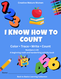 Front cover of a children's math activity book titled "I KNOW HOW TO COUNT" with the subtitle "Numbers 1-20" and "A beginning math and handwriting activity book." The cover is bright blue and includes large colorful numbers, a red apple on stacked books, crayons, a pencil, and a smiling backpack character.