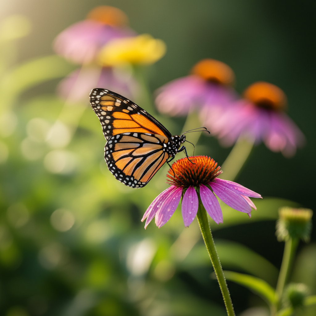 A monarch butterfly with orange, black, and white wings rests on a purple coneflower with an orange center, set against a soft-focus green garden background with other flowers.
