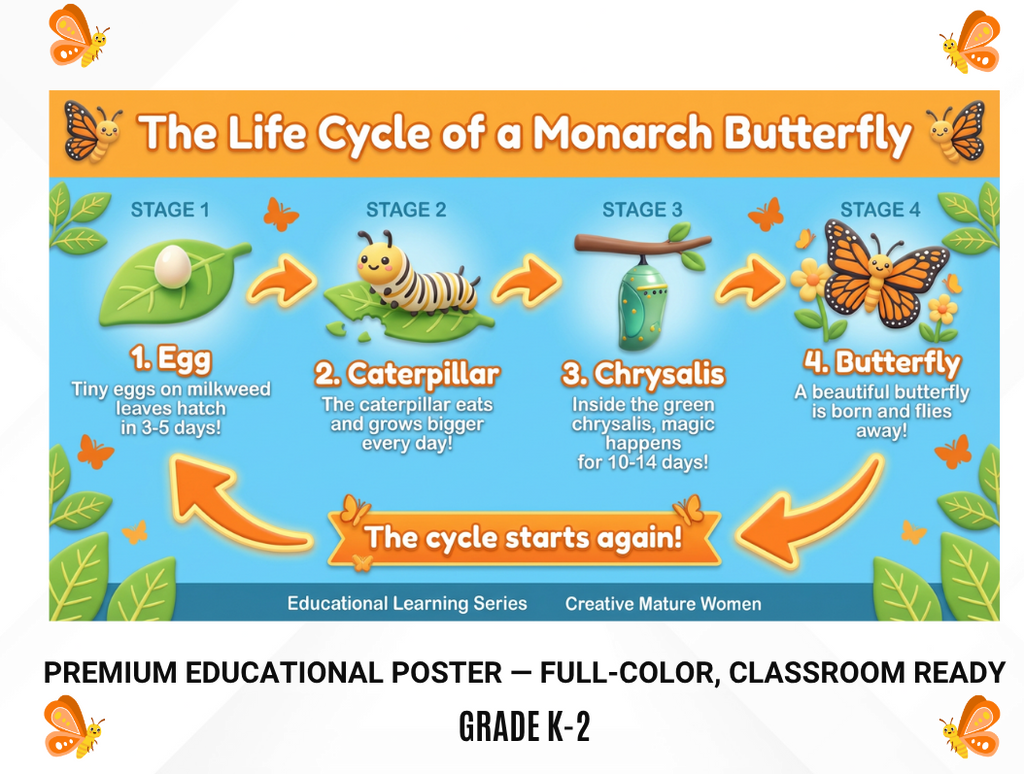An educational poster titled 'The Life Cycle of a Monarch Butterfly' showing four illustrated stages: egg, caterpillar, chrysalis, and butterfly, with descriptive text on a bright blue background. The poster includes decorative orange and green accents and is presented on a white page with black text at the bottom reading 'PREMIUM EDUCATIONAL POSTER — FULL-COLOR, CLASSROOM READY GRADE K-2'.
