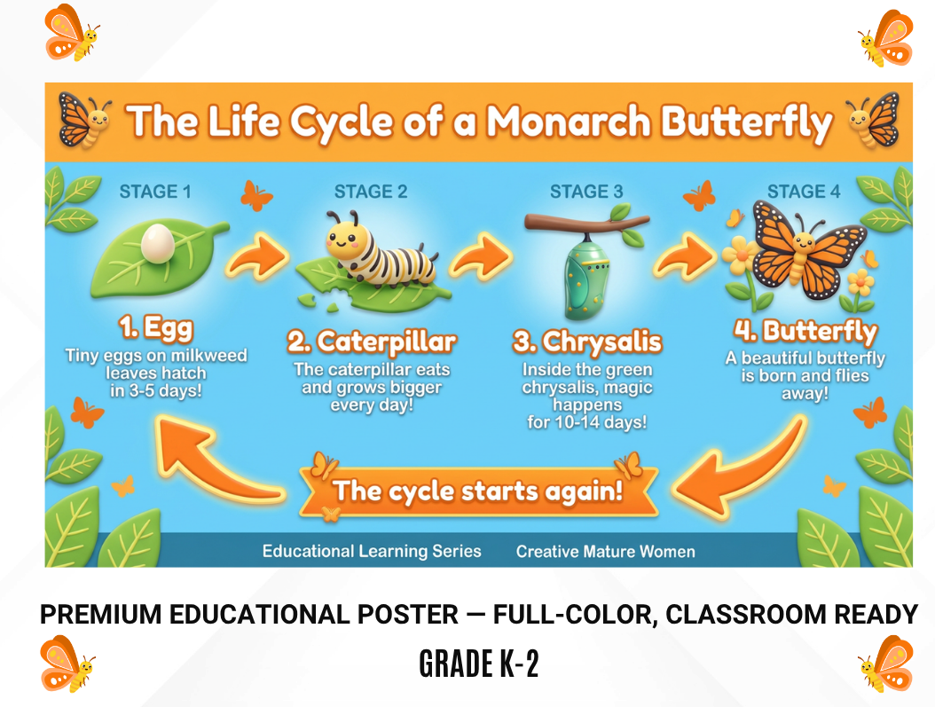 An educational poster titled 'The Life Cycle of a Monarch Butterfly' showing four illustrated stages: egg, caterpillar, chrysalis, and butterfly, with descriptive text on a bright blue background. The poster includes decorative orange and green accents and is presented on a white page with black text at the bottom reading 'PREMIUM EDUCATIONAL POSTER — FULL-COLOR, CLASSROOM READY GRADE K-2'.