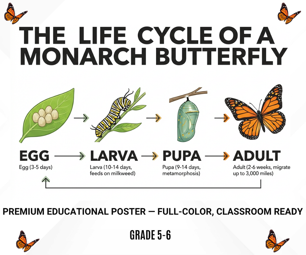 Educational poster titled 'THE LIFE CYCLE OF A MONARCH BUTTERFLY' showing illustrated stages: egg, larva, pupa, and adult, with text labels and monarch butterfly graphics in the corners.