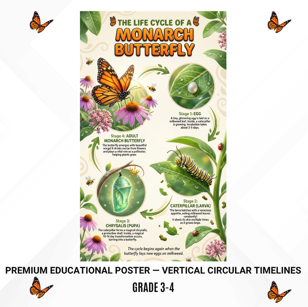An educational poster about the life cycle of a monarch butterfly, featuring illustrated stages with a butterfly, caterpillar, eggs, pupa, flowers, and leaves on a cream background. The poster is centered on a white page with decorative butterflies around it and text reading 'PREMIUM EDUCATIONAL POSTER — VERTICAL CIRCULAR TIMELINES' and 'GRADE 3-4'.