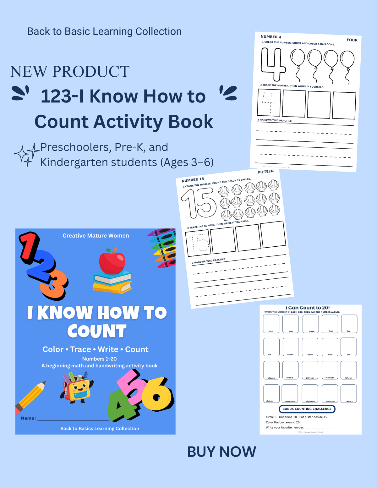 Promotional graphic for a '123-I Know How to Count Activity Book' from the Back to Basic Learning Collection, showing the colorful front cover and sample worksheet pages on a light blue background.