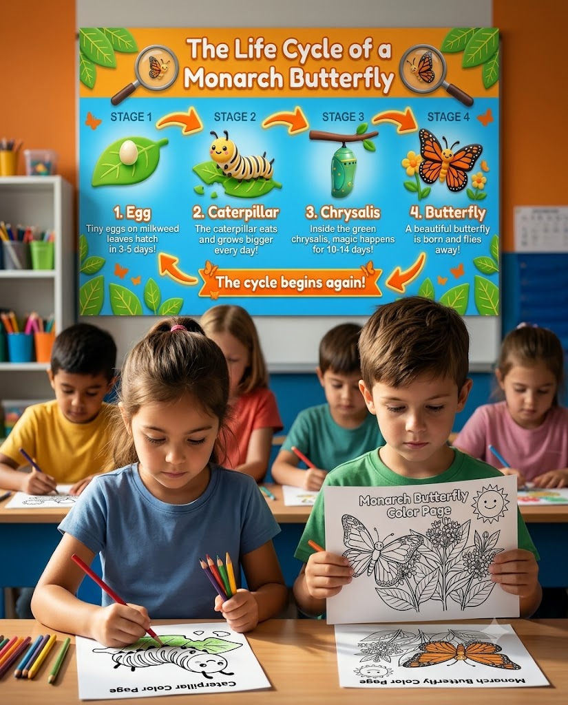 A classroom scene with children seated at desks, one holding a butterfly coloring page. Above them is a large educational poster titled 'The Life Cycle of a Monarch Butterfly' showing illustrated stages and text.