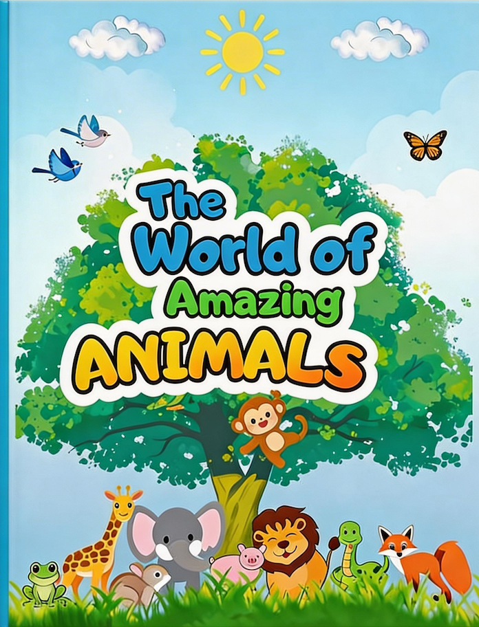 Children's book cover titled 'The World of Amazing Animals' featuring a colorful cartoon illustration of a green tree, sun, clouds, birds, butterfly, giraffe, elephant, pig, lion, snake, fox, and other animals on a blue sky background.