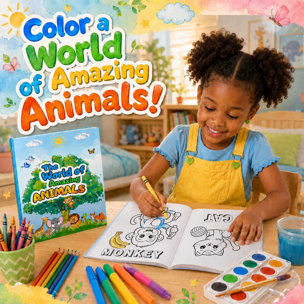 A young child with curly hair sits at a table coloring in a book, with the colorful children's book 'The World of Amazing Animals!' shown alongside. The scene includes crayons, a watercolor palette, and a playful, bright background with the title text 'Color a World of Amazing Animals!' prominently displayed.