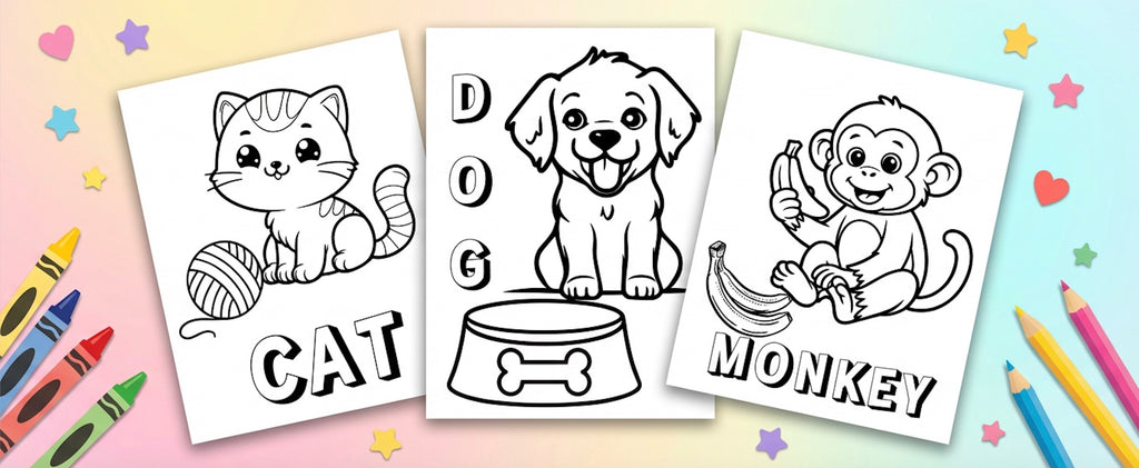 Three black-and-white coloring pages for pets, featuring a cat with a ball of yarn, a dog at a food bowl, and a monkey holding a banana. The pages are displayed on a pastel gradient background with crayons and colored pencils.