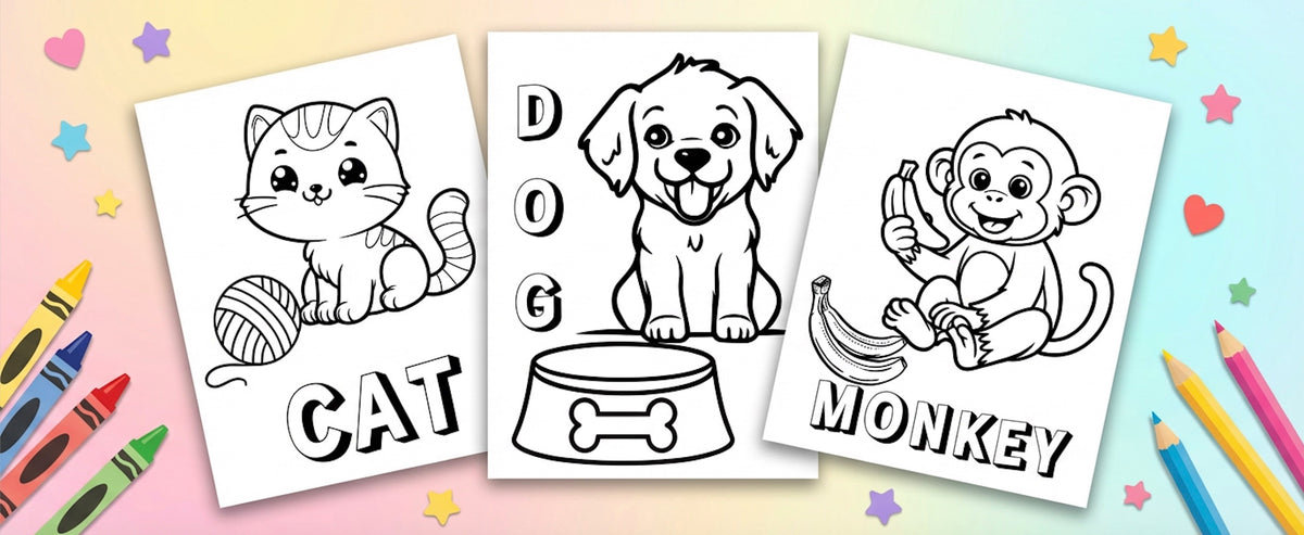 Three black-and-white coloring pages for pets, featuring a cat with a ball of yarn, a dog at a food bowl, and a monkey holding a banana. The pages are displayed on a pastel gradient background with crayons and colored pencils.
