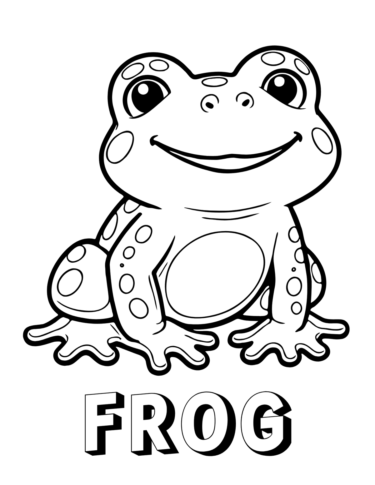 Black and white cartoon frog coloring page with the word 'FROG' printed below in bold outlined letters on a white background.