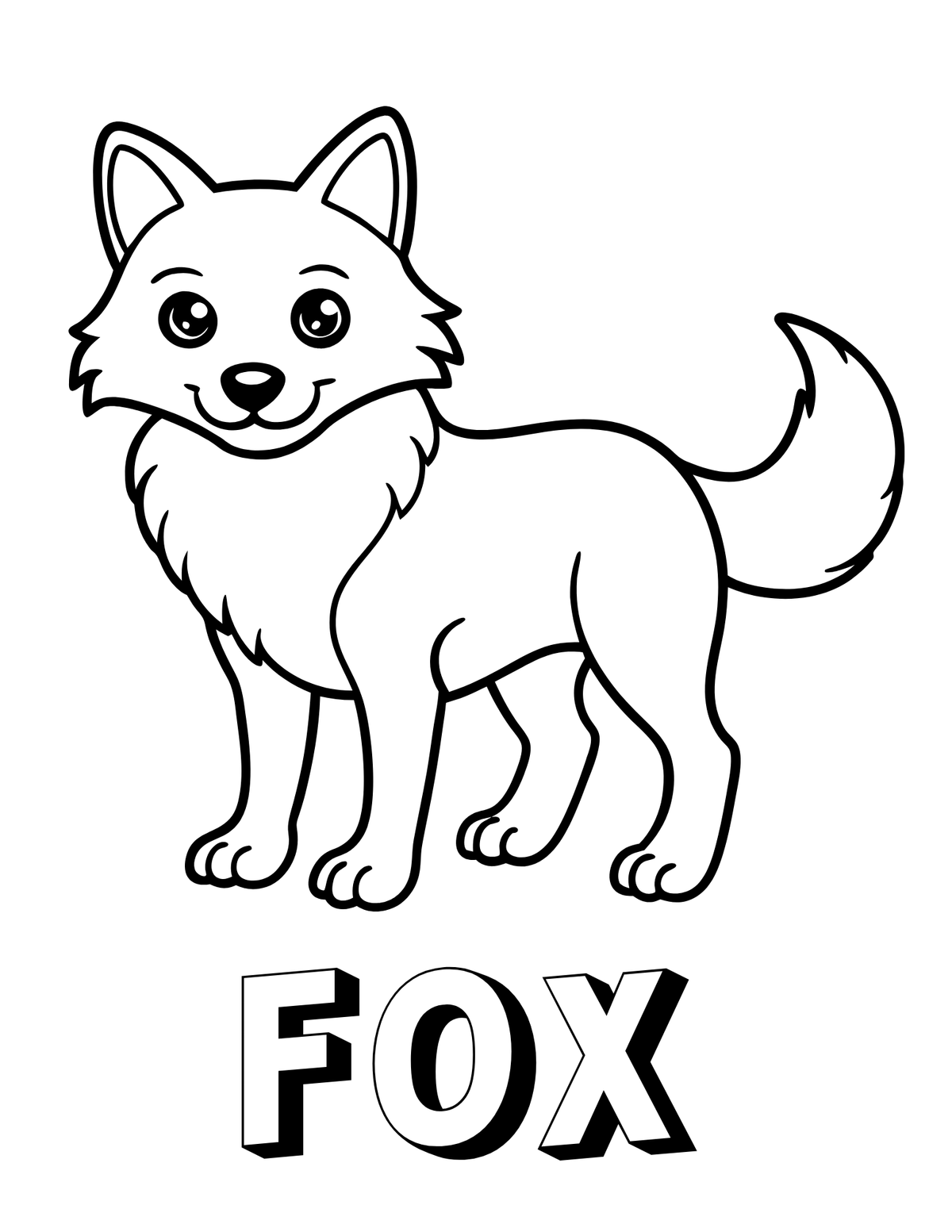 Black and white line art illustration of a fox standing, with the word "FOX" in large outlined letters below it on a plain white background.